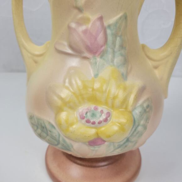 VTG Hull Pottery Magnolia Flower Vase Footed Matte‎ Yellow 2 Handle Art Nouveau - Picture 16 of 16